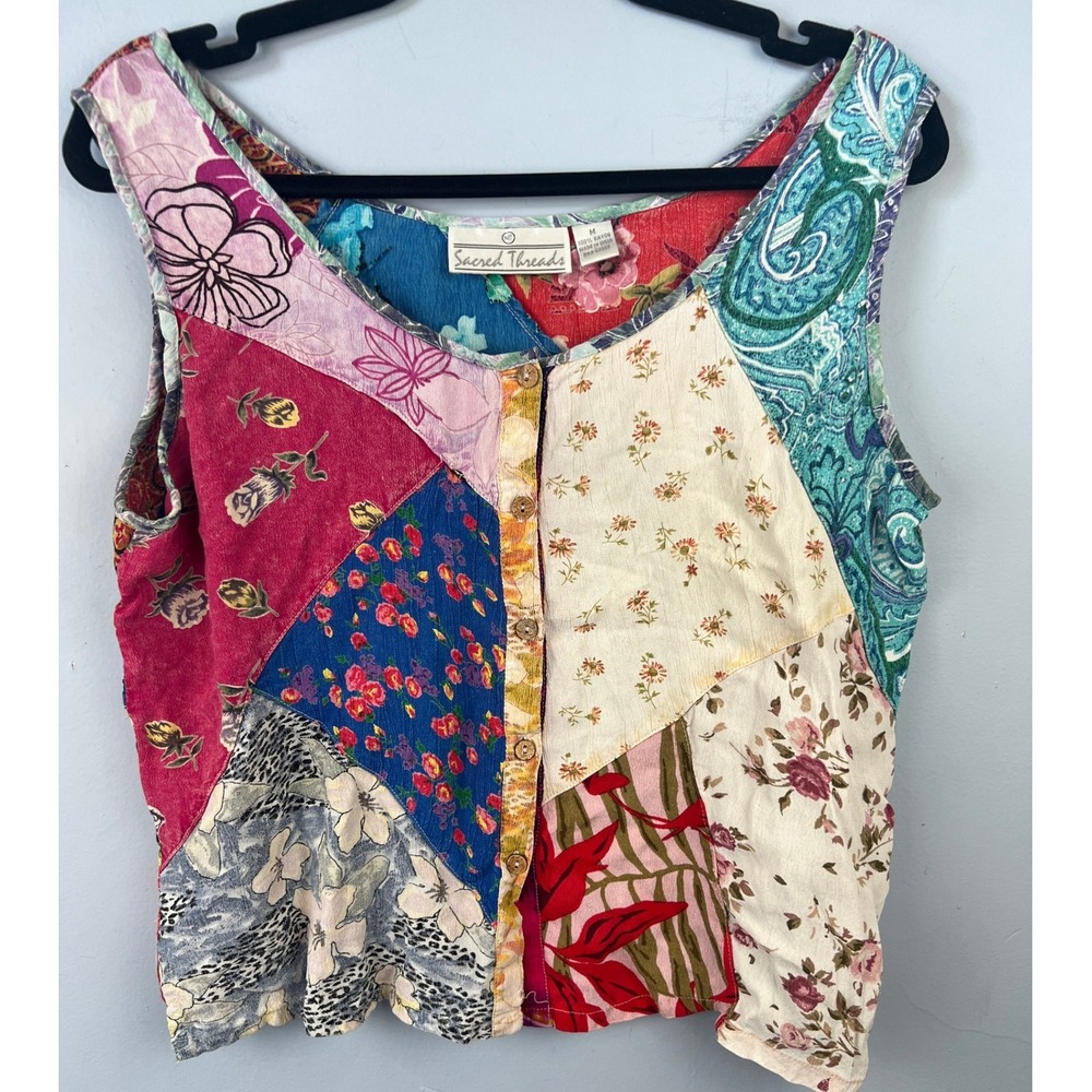 Sacred Threads Patchwork Sleeveless Button Front Top SZ M Boho Festival HIppie